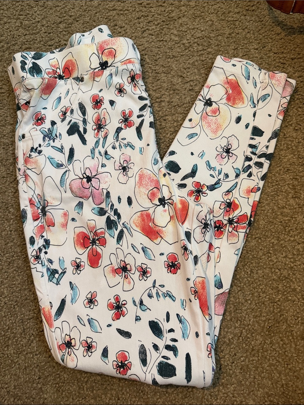 HUE White Floral Jeggings with Pink & Teal Accents